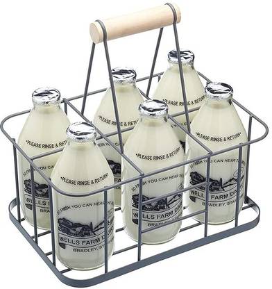Indian Decor 28734 Nostalgia Wire Metal Milk Crate/Bottle Carrier, 29 x 20 x 13 cm - Grey Iron Glass Holder