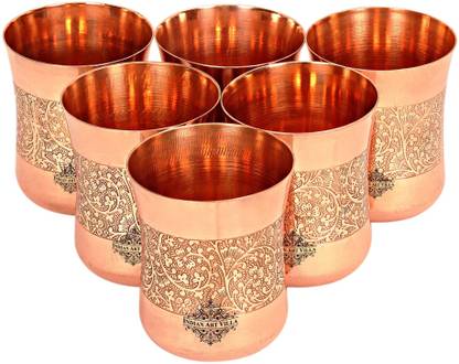 इंडियानार्टविला Copper Set of 6 Floral Design Glasses ग्लास