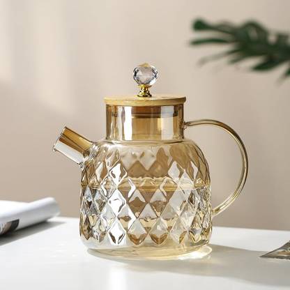 Hatanu Mall Golden Tea Pot Kettle with Wooden Lid Crystal Diamond Handle for coffee Glass Water/Juice Glass
