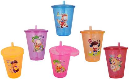 Bluzap (Pack of 6) Cartoon Printed Straw with Sipper-012 Glass Water/Juice Glass