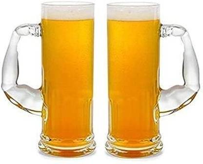 Kriti Traders (Pack of 2) Muscle Handle Shap Large Bear Mug Glass, Long Tall Jumbo Big Size Drinking Mug Glass Set Beer Mug