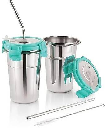4tens (Pack of 2) Steel Tumbler with Silicon Aperture Steel Lid Leak Proof with 2 Straws 1 Brush Glass Set Water/Juice Glass