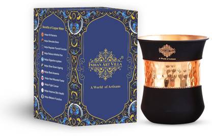 IndianArtVilla Copper Half Hammered Half Silk Finish Black Coloured Glass, 320 ML, Glass Water/Juice Glass