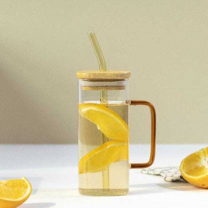 miRim Glass Tumbler With Bamboo Lid & Glass Straw 380 ml (Pack of 1) Transparent Glass Set Water/Juice Glass