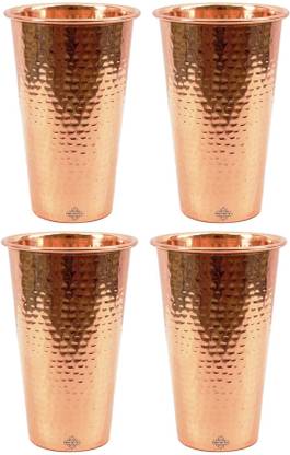 IndianArtVilla (Pack of 4) Set of Hammered Big Copper Glass,Drinkware & Serveware, 550 ML Each, Glass Water/Juice Glass