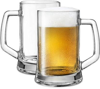 VLKMK (Pack of 4) Glass Beers with Handle | Crystal Clear Glass | 400ml, Set of 4 Glass Set Beer Mug