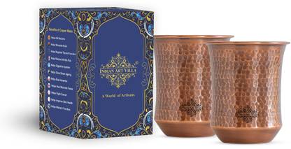 IndianArtVilla (Pack of 2) Copper Antique Dark Hammered Design Copper Glass Glass Set Water/Juice Glass