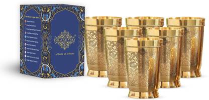 IndianArtVilla (Pack of 6) Brass Glass Tumbler, Embossed Design, 330 ML Each, Set of 6 Glass Water/Juice Glass