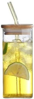 laisha Glass Tumbler with Bamboo Lid and Straw Pack of 1, Reusable Glass Drinking Cup Glass Set Water/Juice Glass