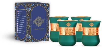 IndianArtVilla (Pack of 4) Copper Half Hammered Half Silk Finish Green Coloured Glass, 320 ML, Pack of 4 Glass Water/Juice Glass