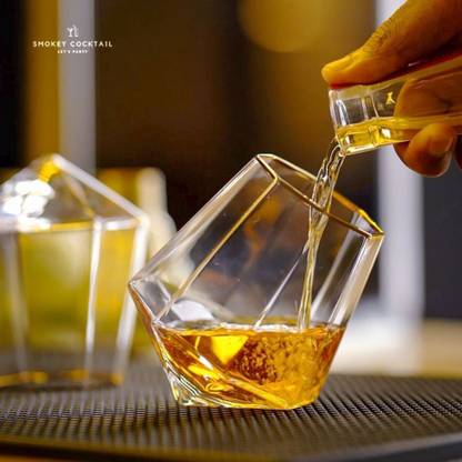 SMOKEY COCKTAIL (Pack of 2) Diamond Handmade Whiskey Glass with Gold Rim Pefect for Gifting Glass Set Whisky Glass