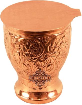 IndianArtVilla (Pack of 2) Copper Glass, Big Flower Design with Coaster Glass Water/Juice Glass