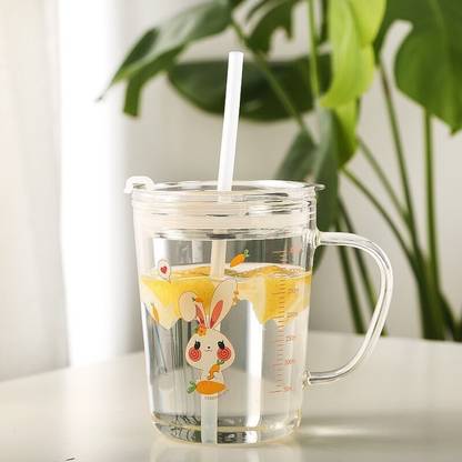 Lexiwells Random Design Glass Tumbler with Handle, Clear Lid with Scale Straw for Multiple Usage Set | Juice Cup | Baby Cup | Milk Mug | Measuring Drinking Cup, 300 ml, Transparent, (Pack of 1) Glass Water/Juice Glass