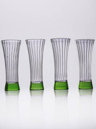 borotech (Pack of 4) Premium Borosilicate Ribbed Juice Glasses with Green Base Thermal-Resistant Glass Set Water/Juice Glass