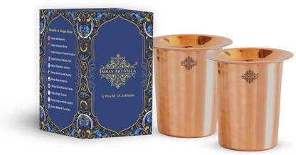 IndianArtVilla (Pack of 2) Copper Glass Tumbler With Lid, Plain Design, Storage Water & Drinkware, 300 ML Each, Set of 2 Glass Water/Juice Glass