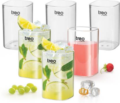TREO (Pack of 6) V Square Borosilicate Glass Tumbler Set of 6, 280 ml Each, Transparent Glass Set Water/Juice Glass