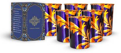 IndianArtVilla (Pack of 6) 6-Pure Copper 300 Ml Marble Printed Glass/Tumbler with Leaf Print Glass Set Water/Juice Glass