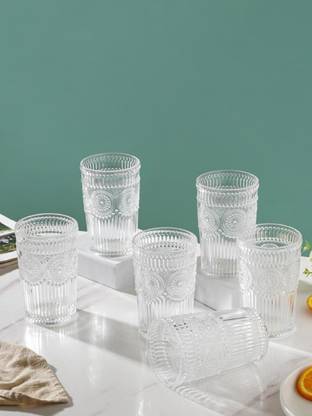 Nestasia (Pack of 6) Embossed Tall Water Glass Set of 6 350ml Glass Set Water/Juice Glass
