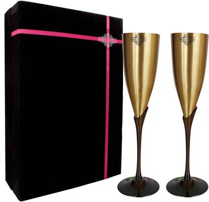 IndianArtVilla (Pack of 2) Pure Brass Matt Finish Flute / Champagne / Wine Glass with Black Valvet Gift box Glass Set Champagne Glass