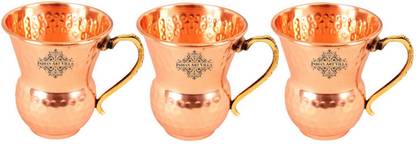 IndianArtVilla (Pack of 3) Set of 3 Copper Mathat Glass With Handle Glass Set Water/Juice Glass