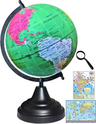 Savy Globe 8 Inch=20.32 cm with 75 mm Magnifying Glass, India, World Maps, Rotating, Black Arc Base, Multi Colored Map, Glossy Green Ocean School Home Office Décor Glossy Green Decorative Antique World Globe