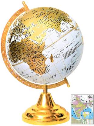 Savy Golden Globe 8 Inch=20.32 cm with India Map Chart, Rotating Golden Arc Base, Golden Leaf Map, Mat White Ocean School Home Office Table Décor Mat White Decorative Antique World Globe
