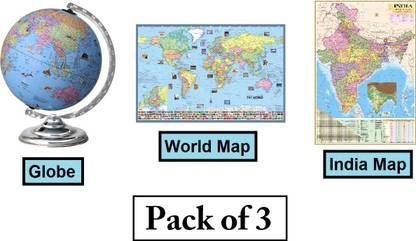 GOLDEN PAPER (Pack of 3) Globe, World Map & India Map. Essential Map & Globe For Civil Service And Competitive Exams. Desk Political Map of india and world. World Globe
