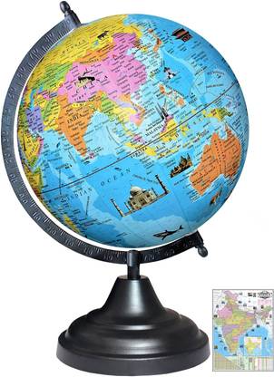 Savy 8 Inch=20.32 cm Globe and India Map Chart, Black Arc Base, Multicolor Monuments Map, Blue Ocean for Kids School Home Office Geography World Globe