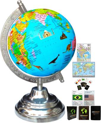 Savy Steel Globe Hight 8"=20.32cm, Dia 5"=12.7cm 52Country Cards, India & World Maps, Steel Arc Base, Multicolor Monument Map, Blue Ocean for Kids School Home Office, Laminated Political Geography Study World Globe