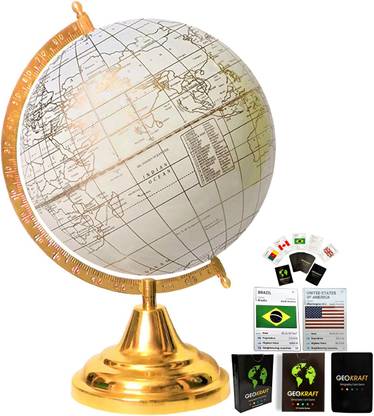 Savy Golden Globe 8 Inch=20.32 cm with One Set of 52 Countries Trump Cards, Rotating, Golden Arc Base, Golden Leaf Lines Map, Mat White Ocean School Home Office Décor Mat White Decorative Antique World Globe