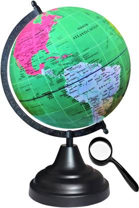 Savy Globe 8 Inch=20.32 cm with 50 mm Magnifying Glass, Rotating, Black Arc Base, Multi Colored Map, Glossy Green Ocean School Home Office Décor Glossy Green Decorative Antique World Globe