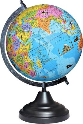 Savy 8 Inch Globe Black Metallic Arc Base Color Map Blue Ocean with Monuments for Kids School Office Home Showpiece Table Décor Laminated Decorative Gift Item Geography World Globe