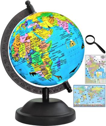 Savy Black Globe Hight 8"=20.32cm, Dia 5"=12.7cm, 50mmMagnifier,India and World Maps, Black Arc Base, Multicolor Monuments Map, Blue Ocean for Kids School Home Office Laminated Political Geography Study World Globe