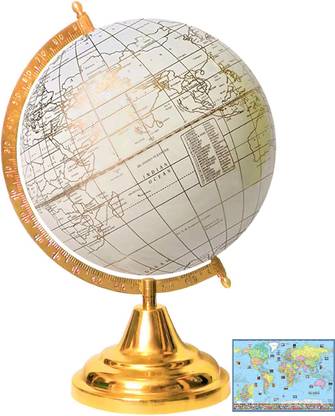 Savy Golden Globe 8 Inch=20.32 cm with World Map Chart, Rotating, Golden Arc Base, Golden Leaf Lines Map, Mat White Ocean School Home Office Décor Mat White Decorative Antique World Globe