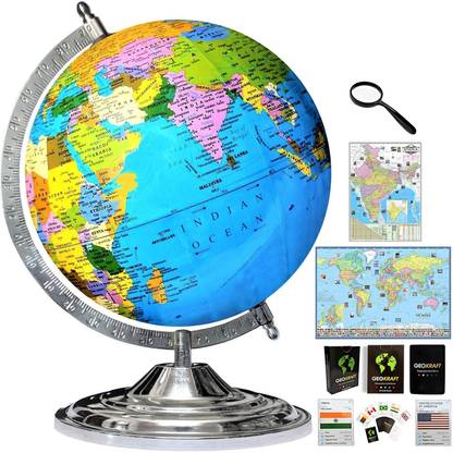 Glasso Globe Hight 12"=30.4 cm, Globe Diameter 8"=20.32 cm, Decorative, Silver Arc Base, Multicolor Map, Blue Ocean for Kids School Home Office Laminated Political Geography Study World Globe