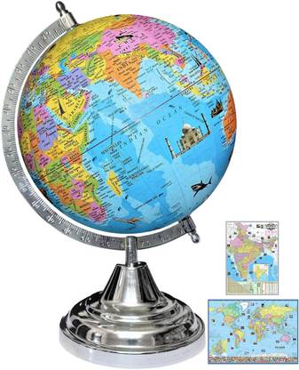 Savy Globe 8 Inch=20.32 cm, India Map and World Map Charts, Steel Arc Base, Multicolor Monuments Map, Blue Ocean for Kids School Home Office Laminated Political Geography Study World Globe