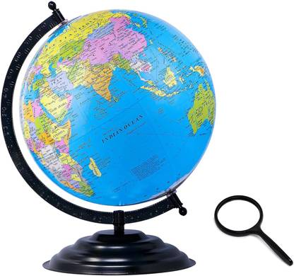 StarTac Educational 12 Inch diameter Black metal with Magnifying glass Desk & Table Top Political World Globe
