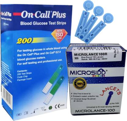 MICROSIDD Oncall Plus Strips Combo Microlance 100 Lancets 200 Glucometer Strips