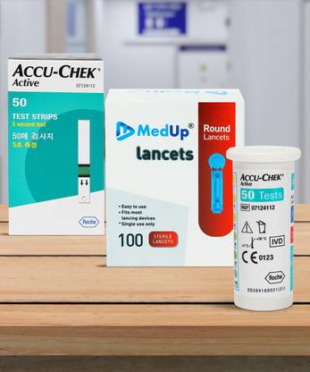 medup Flat lancets 100 Units and Accu-chek active 50 strips Glucometer Lancets