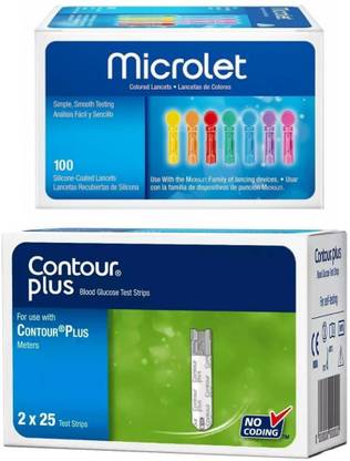 CONTOUR PLUS , Plus One and Elite Glucometer Strips 50 + Microlet 100 Lancets 50 Glucometer Strips