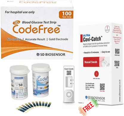 SD Codefree Blood Glucose Monitoring System & Covid-19 Self Home Test Kit 100 Glucometer Strips