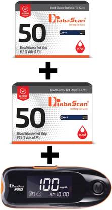 DIABASCAN Glucose Test Strips 100 with Glucometer Free 100 Glucometer Strips