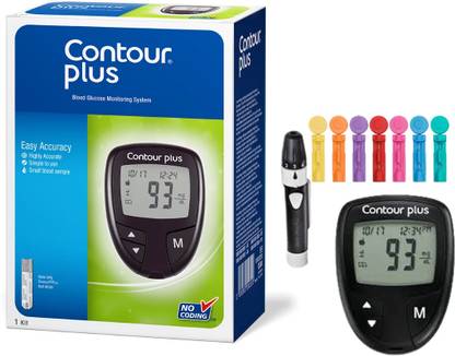 CONTOUR PLUS Glucometer + 1 lancing device + 5 Coloured lancets, Glucometer