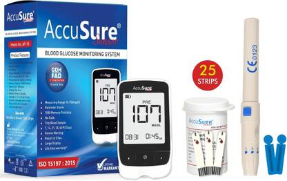 AccuSure Sensor Glucometer Machine with 25 Test Strips & 10 Lancet Glucometer