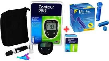 CONTOUR PLUS Glucometer +25 Glucostrip with 100 DiabaScan Round Blood Lancet Glucometer