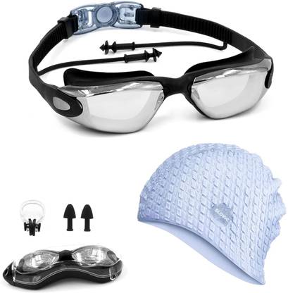 SLOVIC Swimming Kit Swimming Goggles & Swimming Cap with Ear Plug, Nose Clip | Anti Fog Swimming Goggles