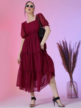 Jash Creation Women Fit and Flare Maroon Maxi/Full Length Dress
