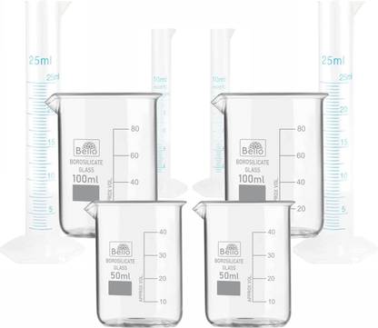 Bello Borosilicate Beaker 50ml, 100ml With Plastic Cylinder 10ml, 25ml, Pack of 8 Borosilicate Glass Graduated Cylinder