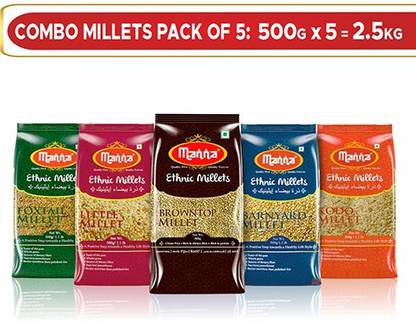 Manna Millets Combo Pack of 5 (with Browntop) | Natural Grains| Browntop 500g, Little 500g, Kodo 500g, Foxtail 500g, Barnyard 500g | Low GI Rice | Nutrient Powerhouse, High Protein & More Fibre than Rice Mixed Millet