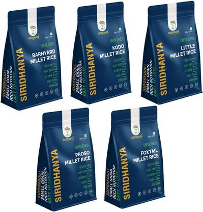 SIRIDHANYA Unpolished and organic millets pack of 5, each millet Gwt.500g with Pouch, Mixed Millet